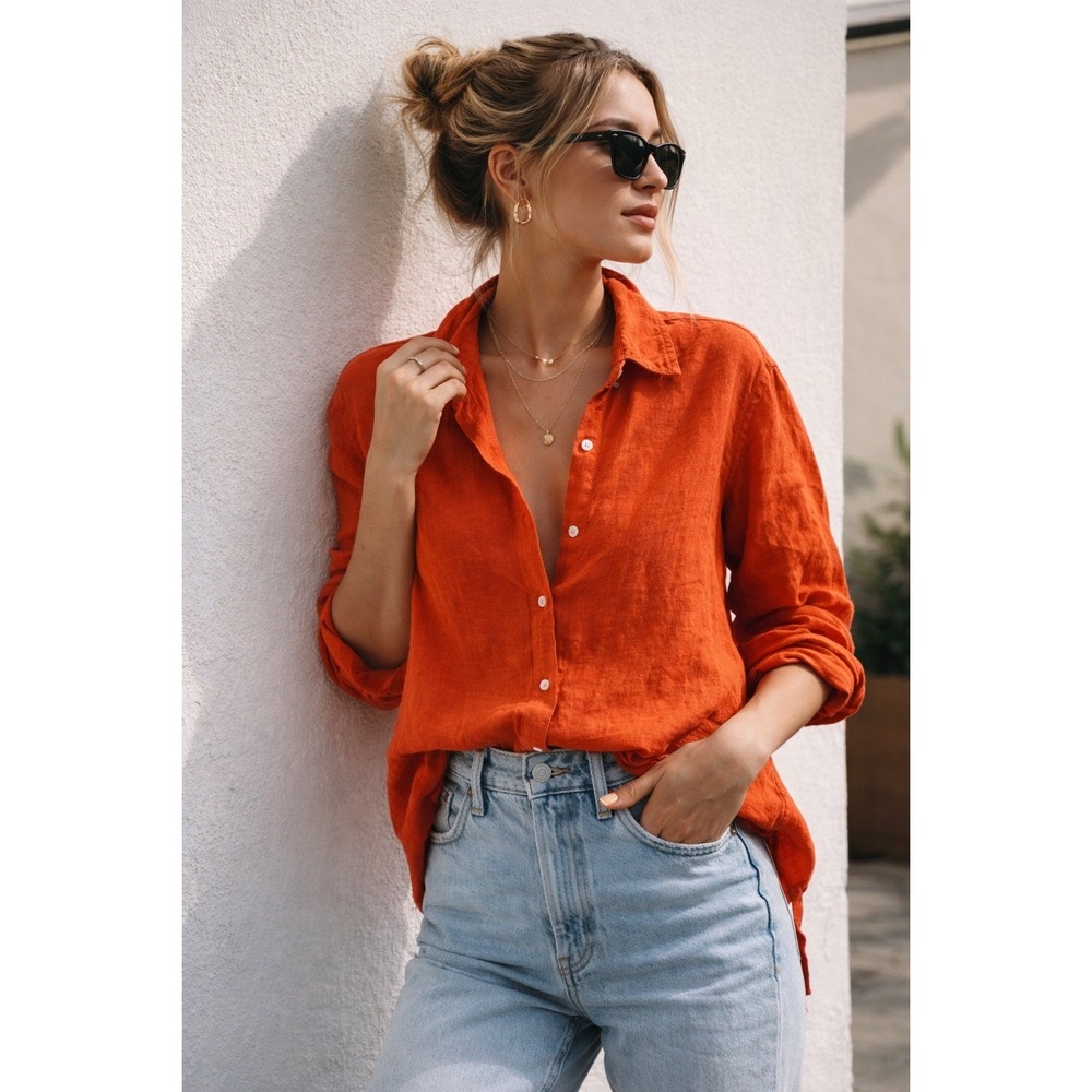 Assembly Label 100% Linen Button Down Shirt Burnt Orange Rust Women Size 14 4697